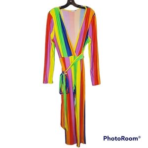 Fashion Nova rainbow stripe long sleeve jumpsuit waist tie plunging v neck‎ 3X
